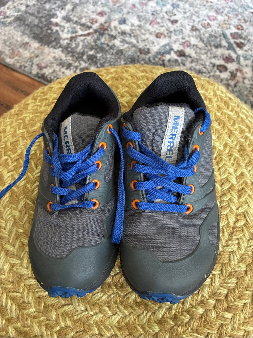 Merrell Kids Gray Sneakers with Blue Laces and Orange Eyelets